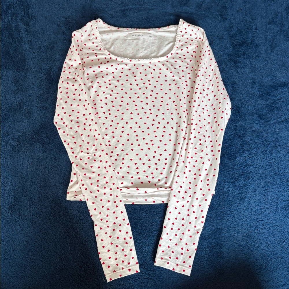 Glassons White Heart Print Cotton Long Sleeve Top | Size S